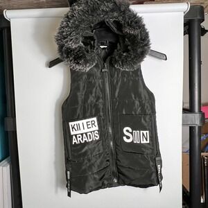 MRX Girls Black Puffer Vest Faux Fur Hood Removable Trim Graphic Sz 130 (7-8 yr)